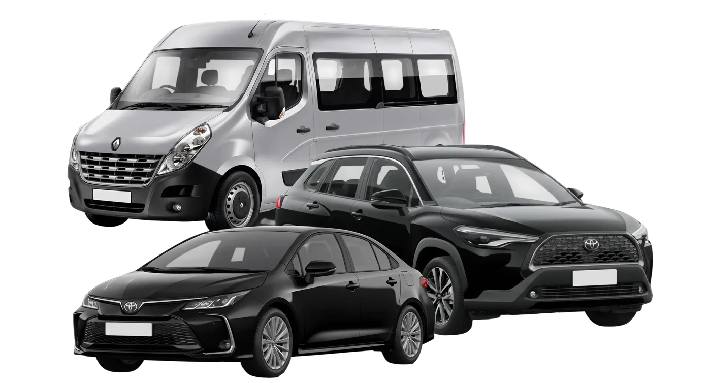 Frota executiva Roas Transfer: van Mercedes Sprinter, SUV Jeep Commander e sedã Toyota Corolla